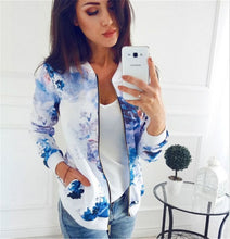 Load image into Gallery viewer, 8 Colors Women Jackets Flower Floral Print Retro Ladies Zipper Up Short Thin Slim Bomber Jacket Coats Basic Casual Outerwear