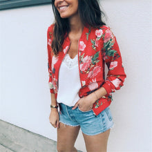 Load image into Gallery viewer, 8 Colors Women Jackets Flower Floral Print Retro Ladies Zipper Up Short Thin Slim Bomber Jacket Coats Basic Casual Outerwear