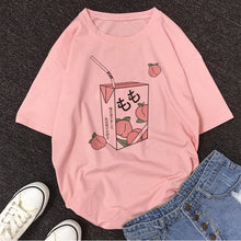 Load image into Gallery viewer, Cartoon Peach Juice Japanses Aesthetic Grunge T shirt Women Harajuku Cute Kawaii Pink Summer Casual Tumblr Outfit Fashion Tops