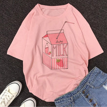 Load image into Gallery viewer, Cartoon Peach Juice Japanses Aesthetic Grunge T shirt Women Harajuku Cute Kawaii Pink Summer Casual Tumblr Outfit Fashion Tops