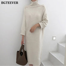 Load image into Gallery viewer, Elegant Turtleneck Knitted Dress Women Autumn Loose Female Sweater Dress Winter Thicken Knitted Pullovers Dress Vestidos 2019