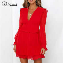 Load image into Gallery viewer, DICLOUD Sexy V Neck Ruffle Mini Party Dresses Black Women Long Sleeve Chiffon Dress 2019 Autumn Elegant Christmas Clothing