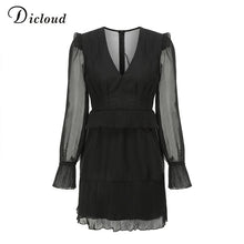 Load image into Gallery viewer, DICLOUD Sexy V Neck Ruffle Mini Party Dresses Black Women Long Sleeve Chiffon Dress 2019 Autumn Elegant Christmas Clothing