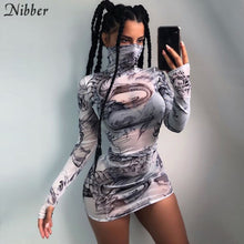 Load image into Gallery viewer, Nibber autumn Gothic print bodycon mini dress women street casual Basic stretch Slim mesh dress mujer2019 Harajuku leisure dress