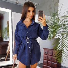Load image into Gallery viewer, Women Belt Fashion Winter Dress Ladies Long Sleeve Turn Down Collar New Sexy Autumn Solid Elegant 2019 Slim Party Dress Vintage