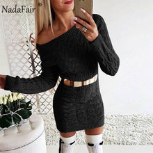 Load image into Gallery viewer, Nadafair Long Sleeven Warm Women Sweater Dress Knitted Sexy Off Shoulder Twist Casual Mini Bodycon Autumn Winter Dress Female