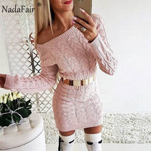 Load image into Gallery viewer, Nadafair Long Sleeven Warm Women Sweater Dress Knitted Sexy Off Shoulder Twist Casual Mini Bodycon Autumn Winter Dress Female