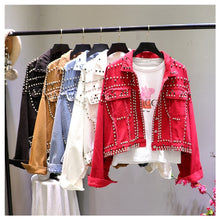Load image into Gallery viewer, 2019 Autumn Women Harajuku Red Denim Jacket Coat Heavy Hand Beaded Rivet Short Black Jeans Jacket Student Basic Coats Outfit