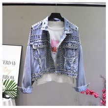 Load image into Gallery viewer, 2019 Autumn Women Harajuku Red Denim Jacket Coat Heavy Hand Beaded Rivet Short Black Jeans Jacket Student Basic Coats Outfit