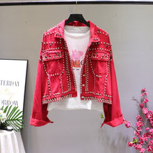Load image into Gallery viewer, 2019 Autumn Women Harajuku Red Denim Jacket Coat Heavy Hand Beaded Rivet Short Black Jeans Jacket Student Basic Coats Outfit