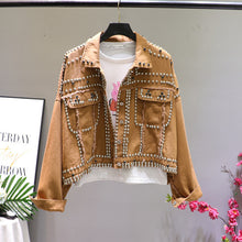 Load image into Gallery viewer, 2019 Autumn Women Harajuku Red Denim Jacket Coat Heavy Hand Beaded Rivet Short Black Jeans Jacket Student Basic Coats Outfit