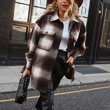Load image into Gallery viewer, Vintage women 2019 long sleeve woolen coats fashion ladies thick plaid coat female streetwear elegant girls oversize jacket chic