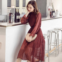 Load image into Gallery viewer, BGTEEVER Plus Size O-neck Print Chiffon Women Dress Flare Full Sleeve A-line Female Dress 2019 Spring Pleated Midi Vestidos