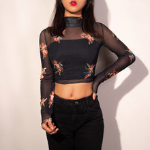 Load image into Gallery viewer, New Fashion Women See-through Sheer Mesh Fishnet T-Shirt Fashion Top Cute Angel Printed Female Summer Mesh Tops