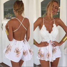 Load image into Gallery viewer, 3 Styles Women Patchwork Lace V Neck Print Playsuit Dress Stiching Strap Backless Cross Dresses Summer Women Clothes